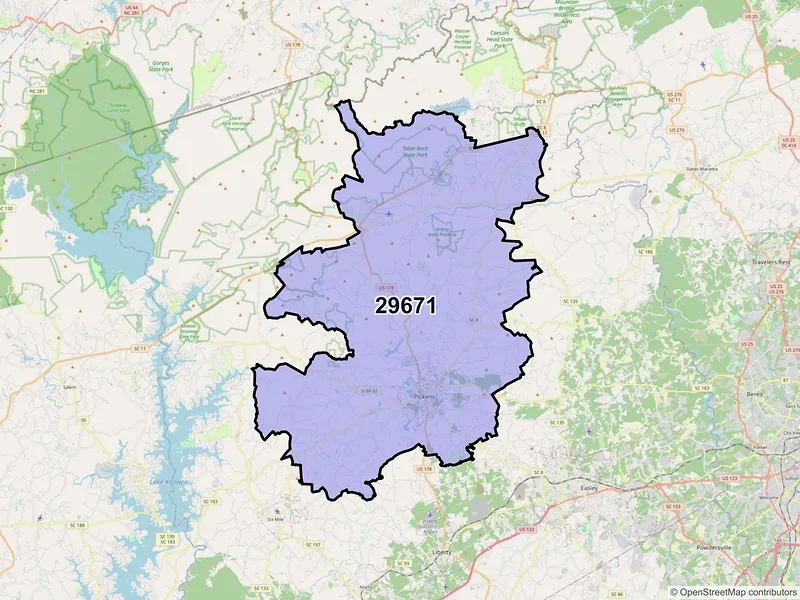 Map of Pickens, South Carolina and ZIP codes