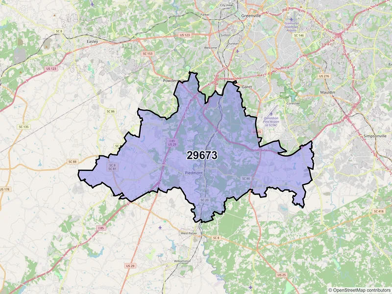 Map of ZIP Code 29673 — Piedmont, SC