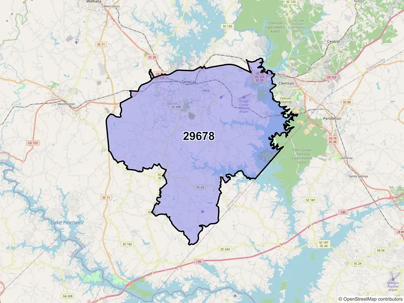 Map of ZIP Code 29678 — Seneca, SC