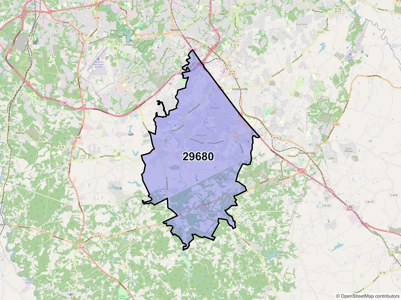 Map of ZIP Code 29680 — Simpsonville, SC