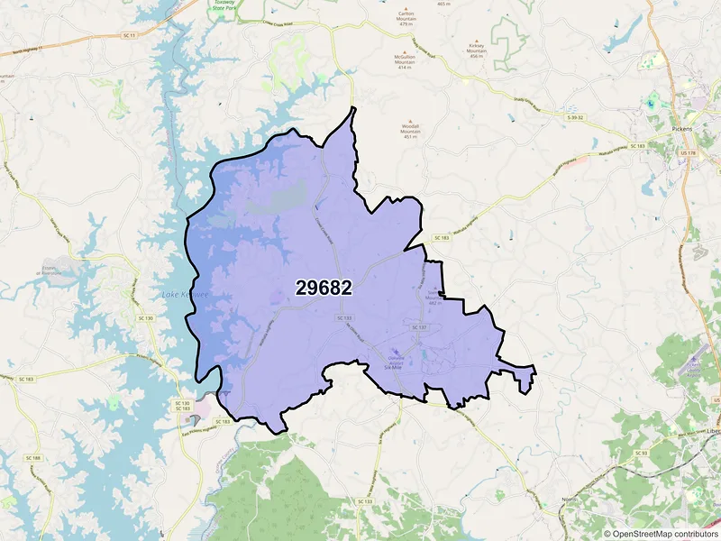 Map of ZIP Code 29682 — Six Mile, SC