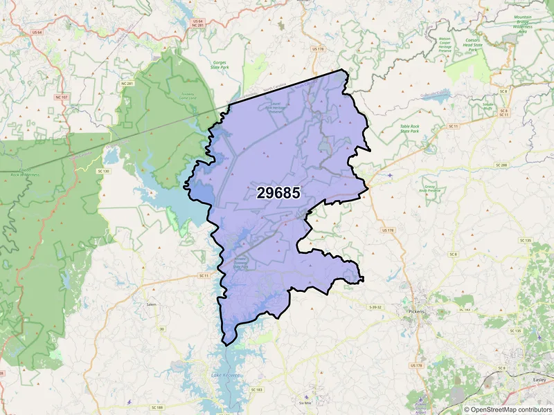 Map of Sunset, South Carolina and ZIP codes