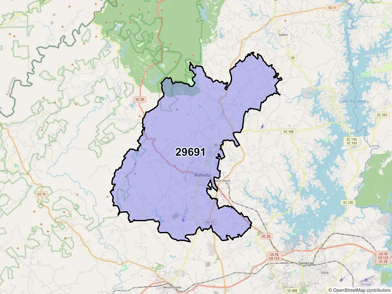 Map of ZIP Code 29691 — Walhalla, SC