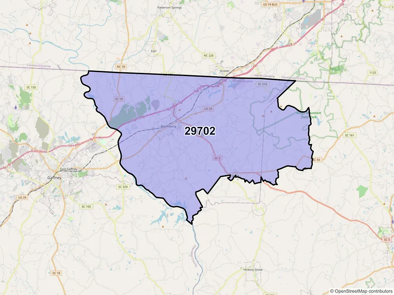 Map of ZIP Code 29702 — Blacksburg, SC