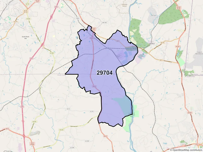 Map of Catawba, South Carolina and ZIP codes