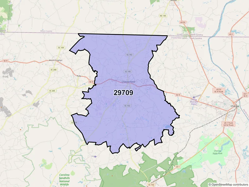 Map of ZIP Code 29709 — Chesterfield, SC
