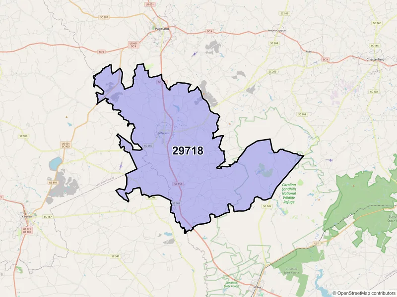 Map of ZIP Code 29718 — Jefferson, SC