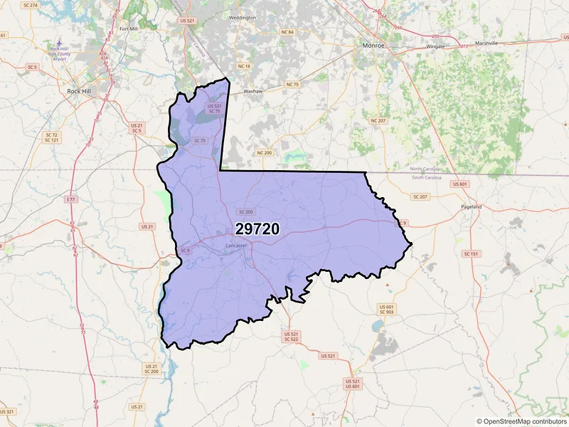 Map of ZIP Code 29720 — Lancaster, SC