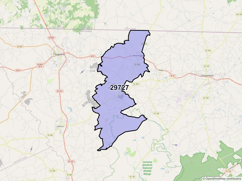 Map of ZIP Code 29727 — Mount Croghan, SC
