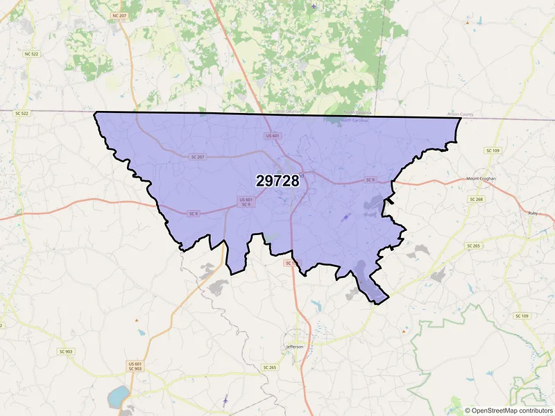 Map of Pageland, South Carolina and ZIP codes
