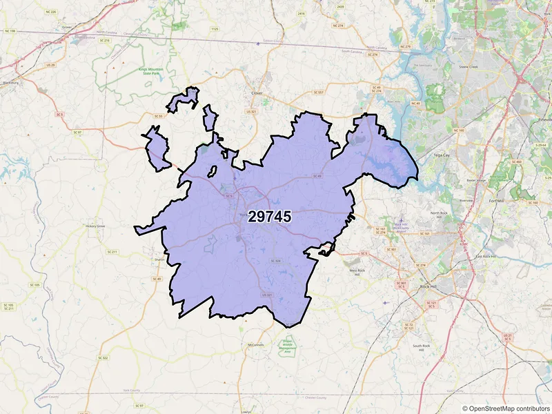 Map of ZIP Code 29745 — York, SC