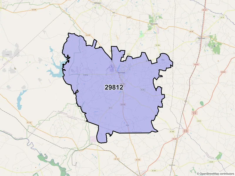 Map of Barnwell, South Carolina and ZIP codes
