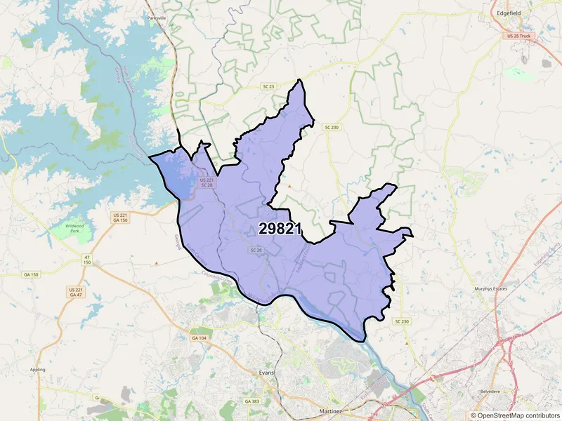Map of ZIP Code 29821 — Clarks Hill, SC