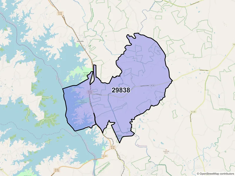 Map of Modoc, South Carolina and ZIP codes