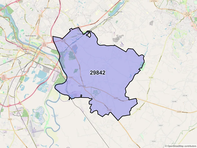 Map of ZIP Code 29842 — Beech Island, SC