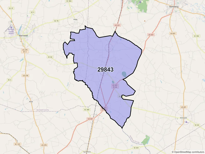 Map of Olar, South Carolina and ZIP codes