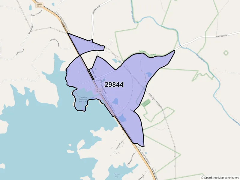 Map of Parksville, South Carolina and ZIP codes