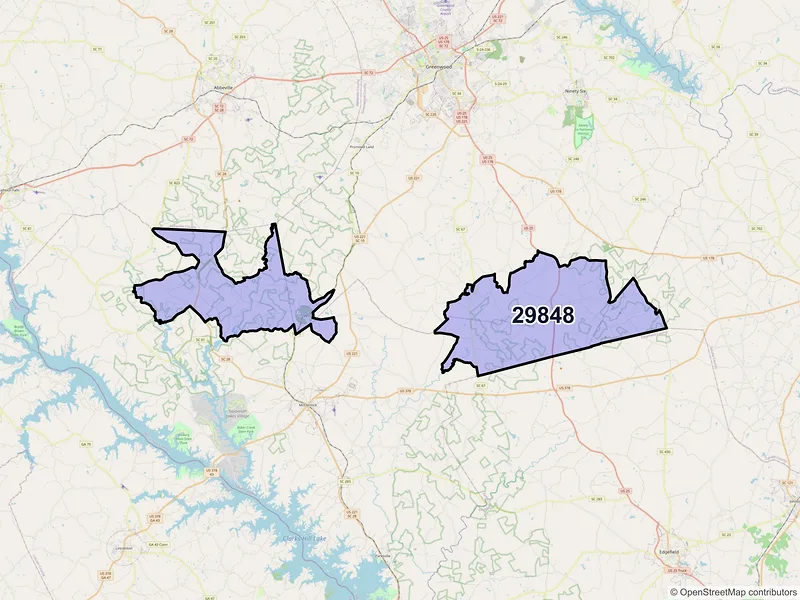 Map of Troy, South Carolina and ZIP codes