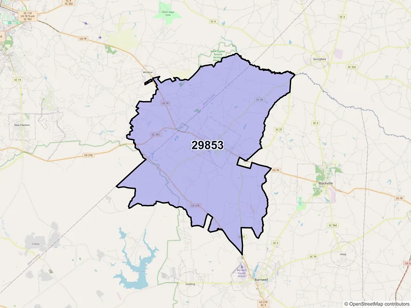 Map of ZIP Code 29853 — Williston, SC