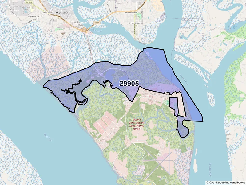 Map of Parris Island, South Carolina and ZIP codes