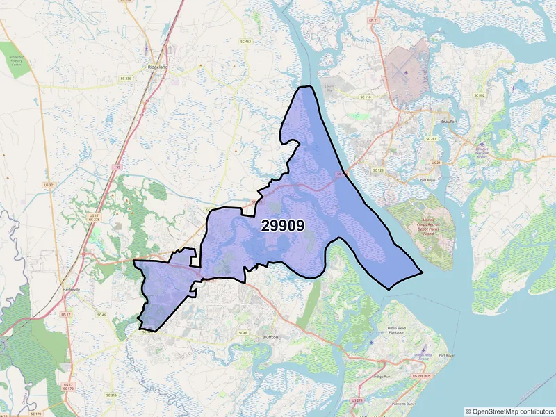 Map of ZIP Code 29909 — Okatie, SC