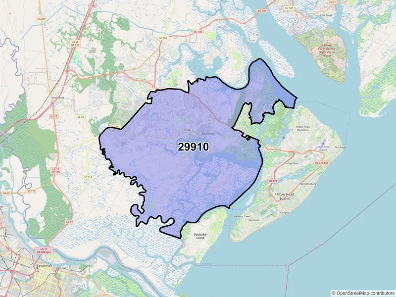 Map of Bluffton, South Carolina and ZIP codes
