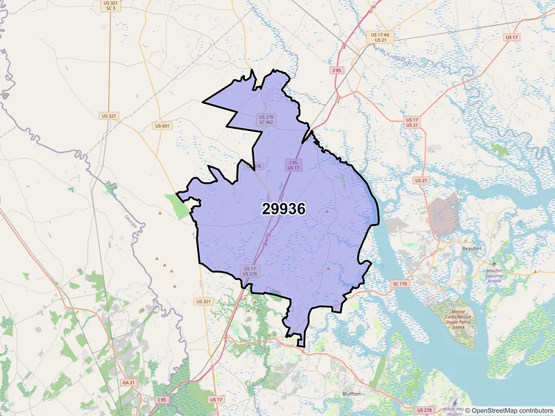 Map of ZIP Code 29936 — Ridgeland, SC