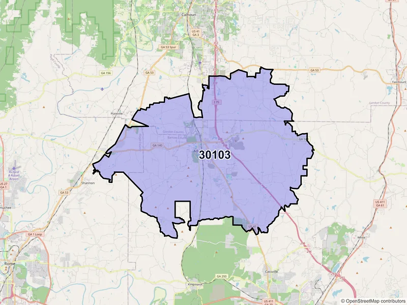 Map of ZIP Code 30103 — Adairsville, GA