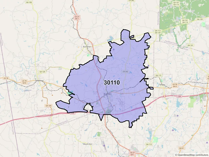 Map of ZIP Code 30110 — Bremen, GA