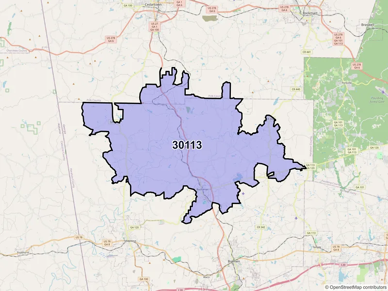 Map of ZIP Code 30113 — Buchanan, GA