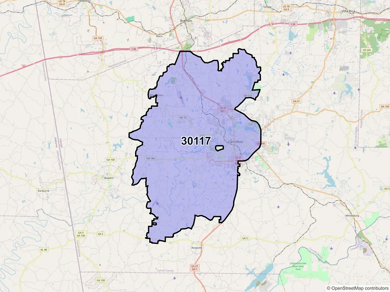 Map of ZIP Code 30117 — Carrollton, GA