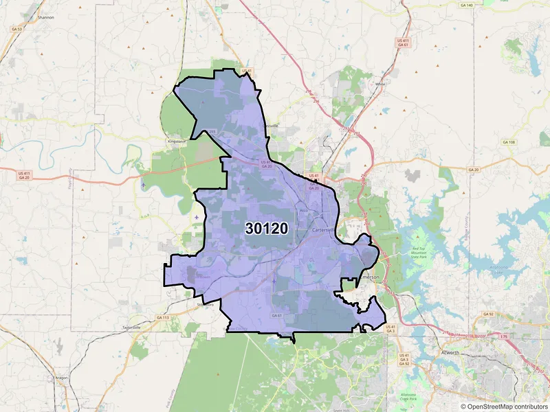 Map of ZIP Code 30120 — Cartersville, GA