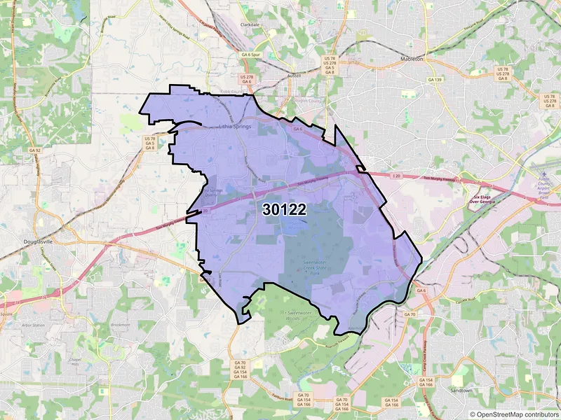 Map of ZIP Code 30122 — Lithia Springs, GA
