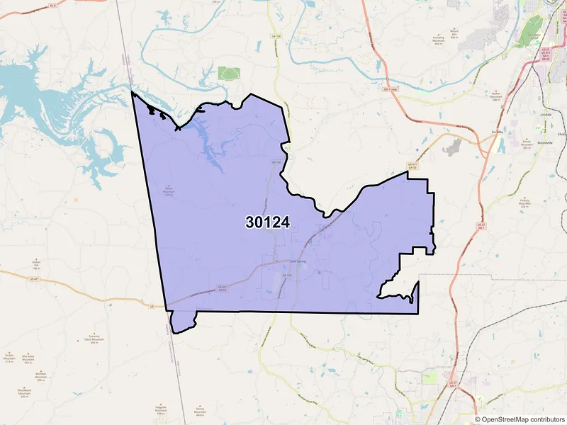Map of ZIP Code 30124 — Cave Spring, GA