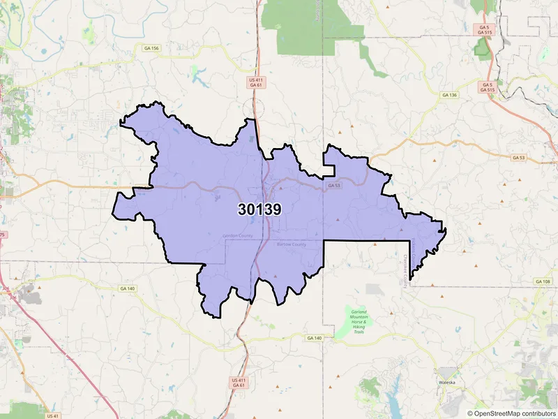 Map of ZIP Code 30139 — Fairmount, GA