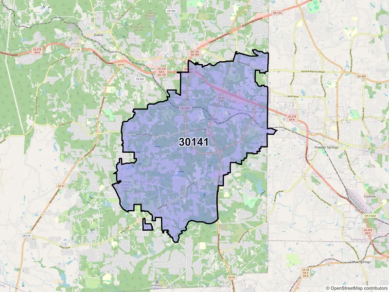 Map of ZIP Code 30141 — Hiram, GA