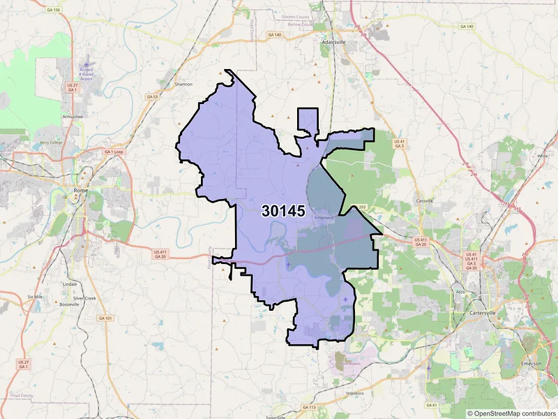 Map of ZIP Code 30145 — Kingston, GA