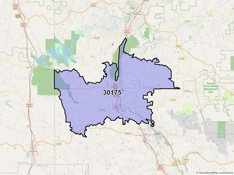 Map of ZIP Code 30175 — Talking Rock, GA