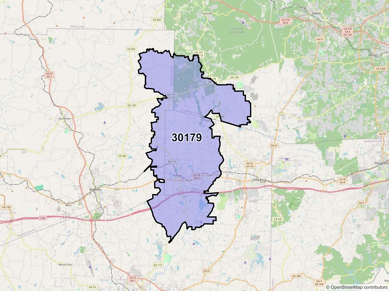 Map of ZIP Code 30179 — Temple, GA