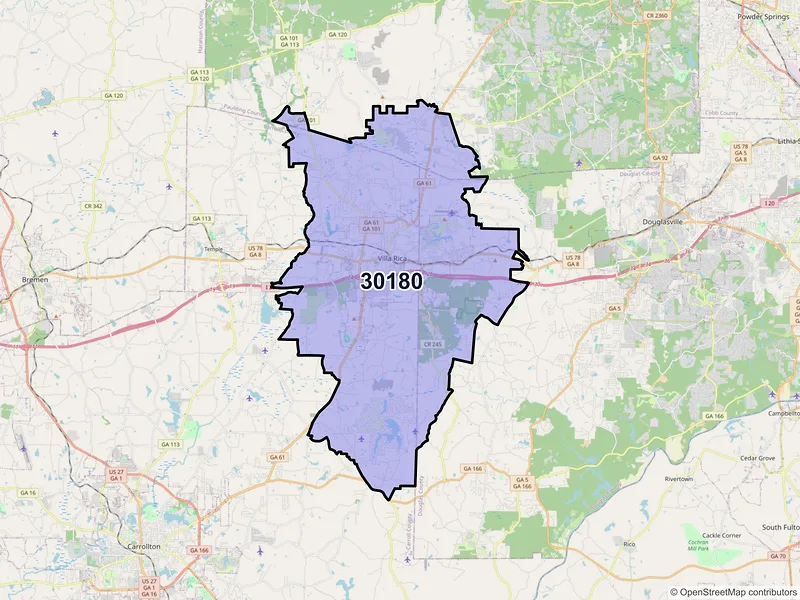 Map of ZIP Code 30180 — Villa Rica, GA
