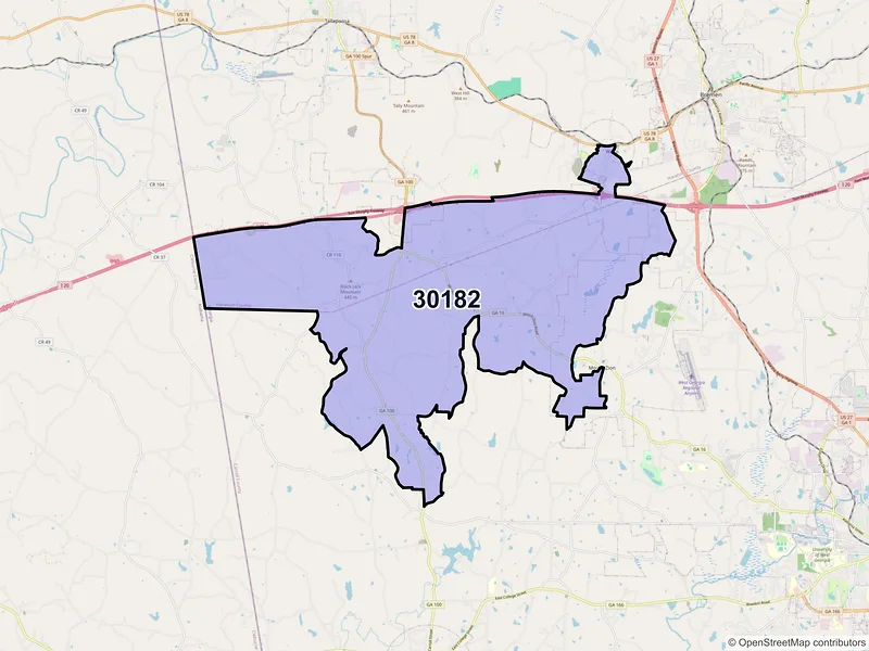 Map of ZIP Code 30182 — Waco, GA