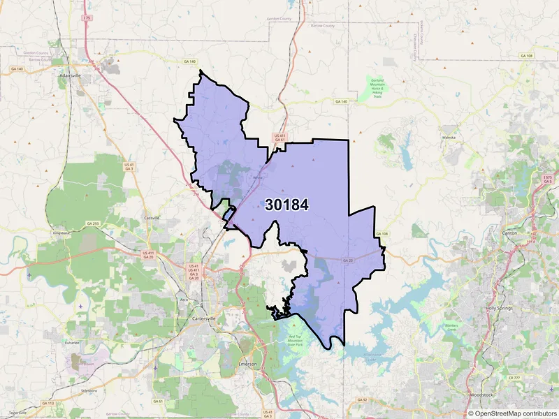 Map of ZIP Code 30184 — White, GA