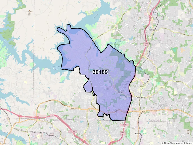 Map of ZIP Code 30189 — Woodstock, GA