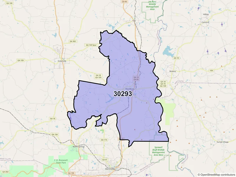 Map of ZIP Code 30293 — Woodbury, GA