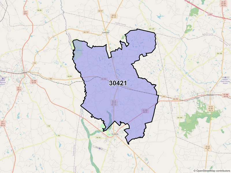 Map of ZIP Code 30421 — Collins, GA