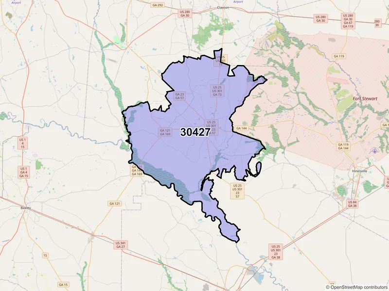 Map of ZIP Code 30427 — Glennville, GA