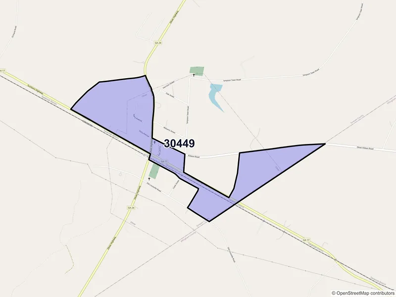 Map of Oliver, Georgia and ZIP codes