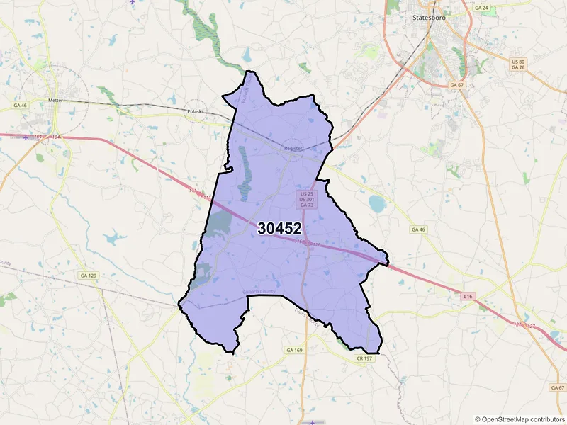 Map of Register, Georgia and ZIP codes
