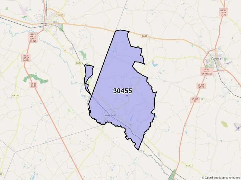 Map of ZIP Code 30455 — Rocky Ford, GA