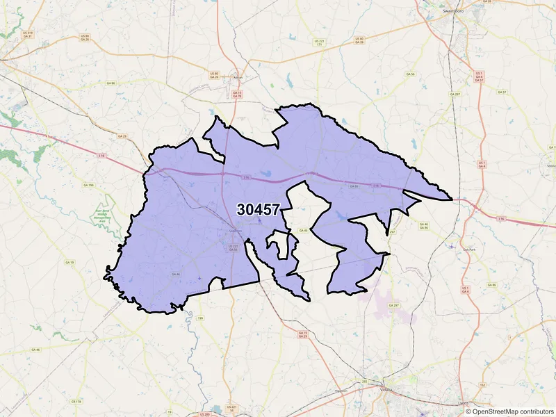Map of ZIP Code 30457 — Soperton, GA